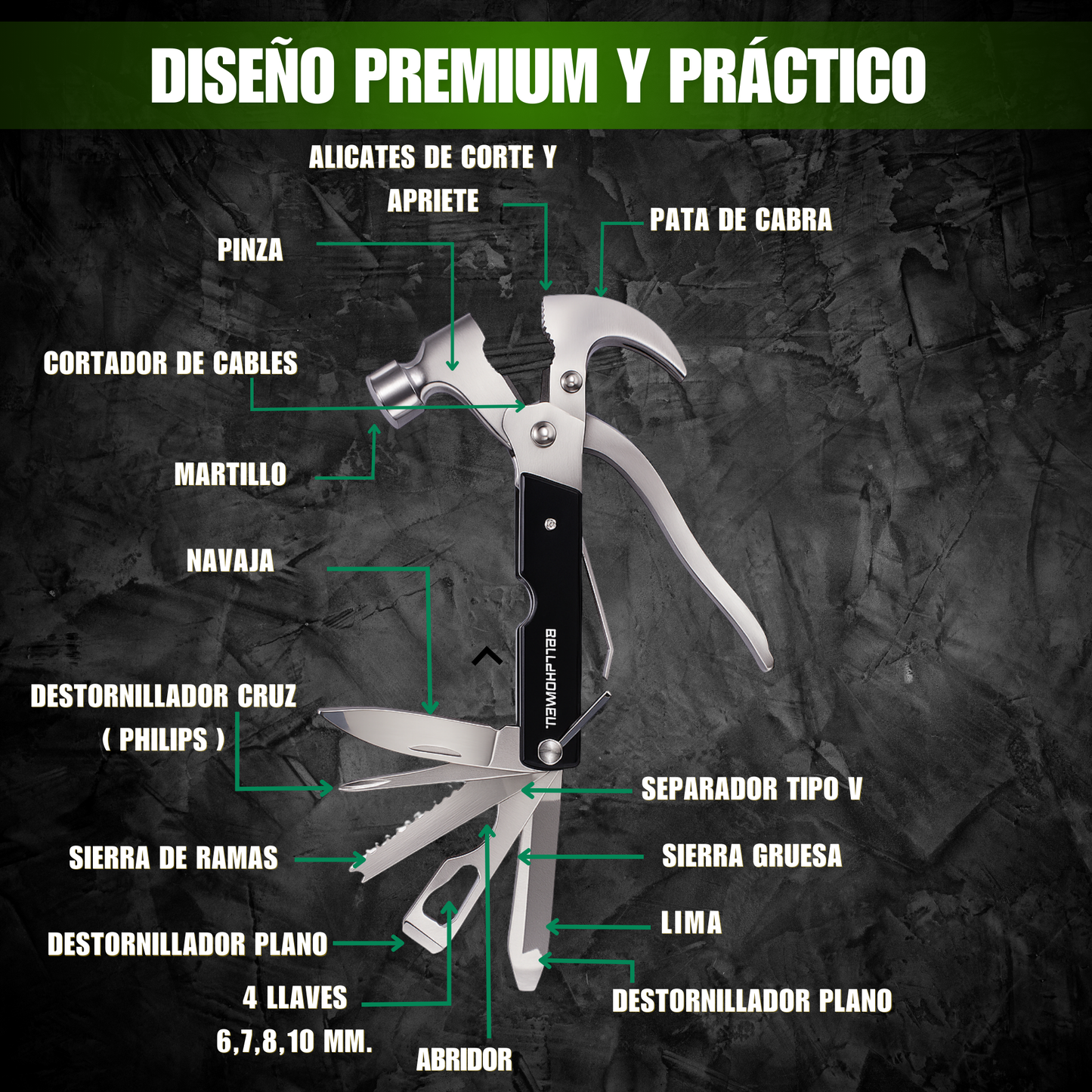 Martillo Táctico Profesional 18 en 1 – Resistente, Compacto y Versátil